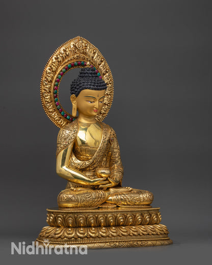 Right view side of Amitabha Buddha statue with monk’s bowl and lotus pedestal

