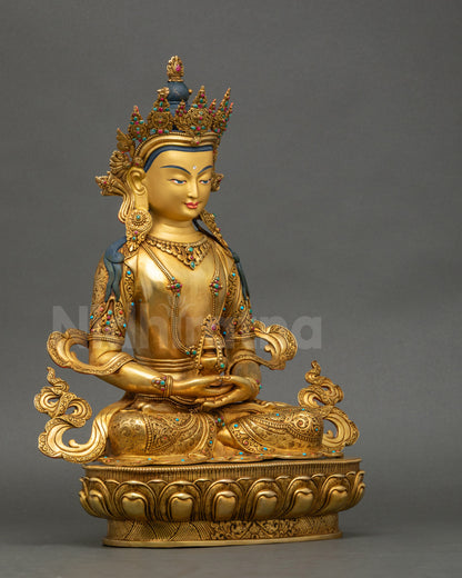 Right view side of Amitayus Statue, handcrafted Nepalese copper with lotus throne