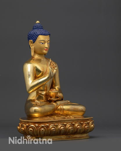 Right view side of Amoghasiddhi Buddha statue seated on lotus with bowl and mudra
