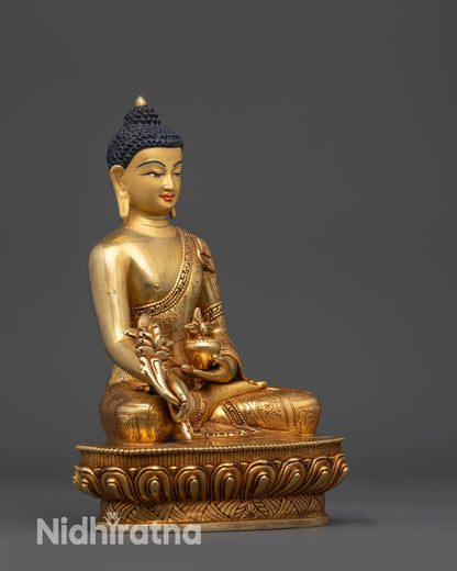 Right view side of Bhaisajyaguru Medicine Buddha statue with lotus seat and intricate robe
