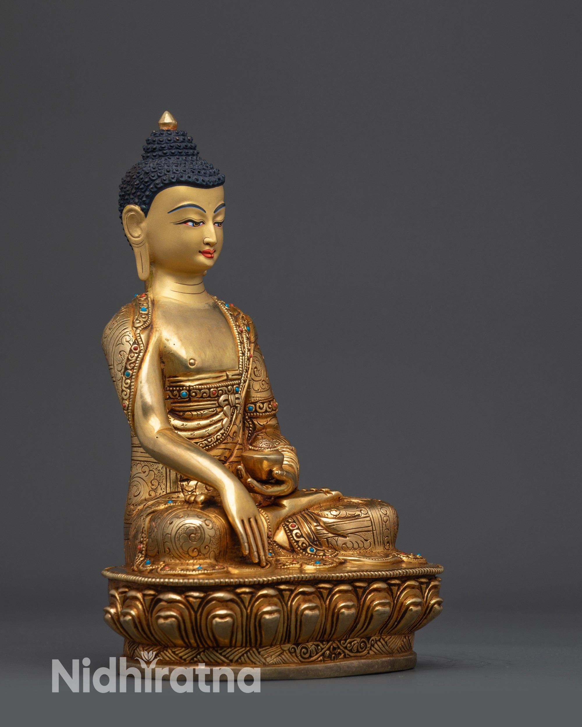 Right view side of Bodhi Shakyamuni Buddha seated on moon disc with intricate details
