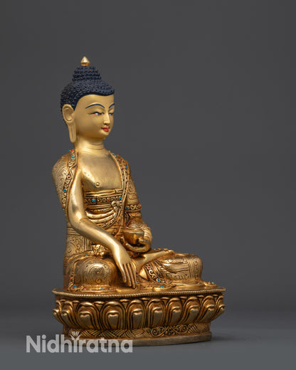 Right view side of Bodhi Shakyamuni Buddha seated on moon disc with intricate details
