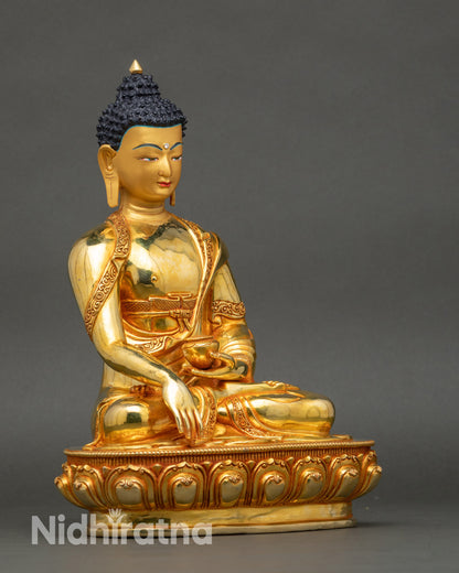 Right view side of Buddha Shakyamuni Statue, polished 24K gold-gilded copper sculpture