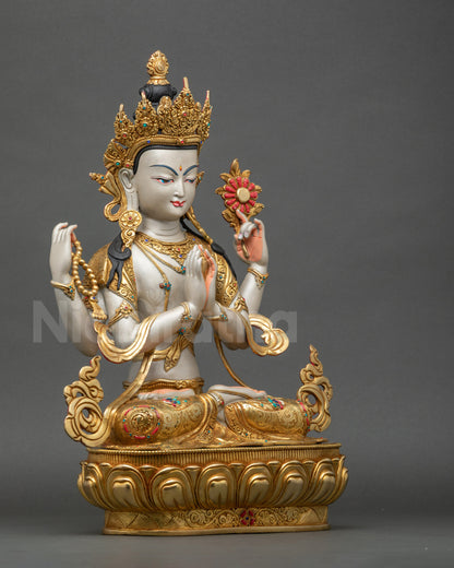 Right view side of Chenrezig Statue, showing lotus, rosary, and intricate robe carvings