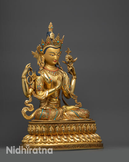 Right view side of Chenrezig statue holding wish-fulfilling jewel and crystal mala
