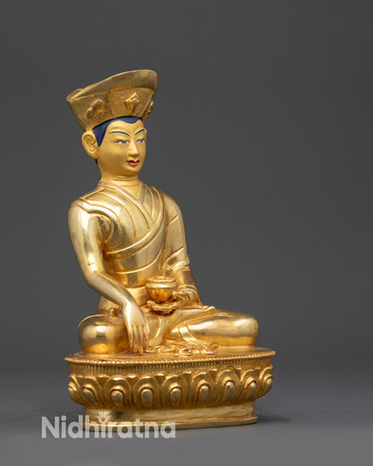 Right view side of Eighth Karmapa Jigten Sumgon statue with Black Crown and lotus seat
