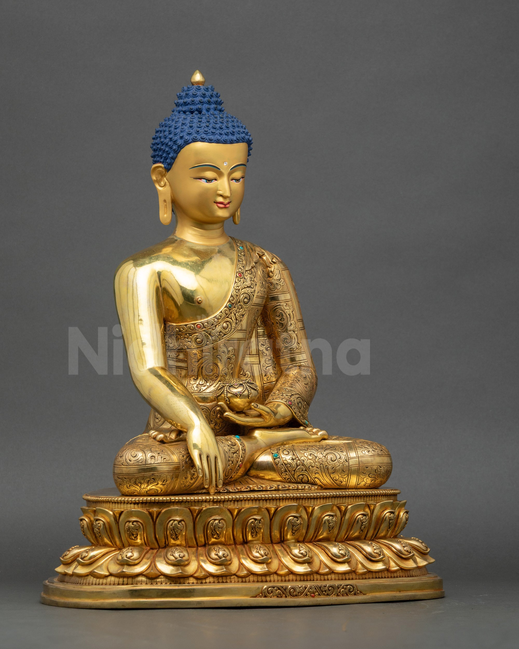 Right view side of Enlightened Shakyamuni Buddha Statue on lotus base with earth-touching mudra