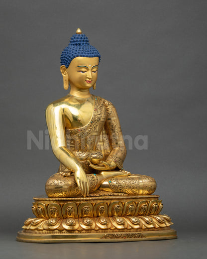 Right view side of Enlightened Shakyamuni Buddha Statue on lotus base with earth-touching mudra