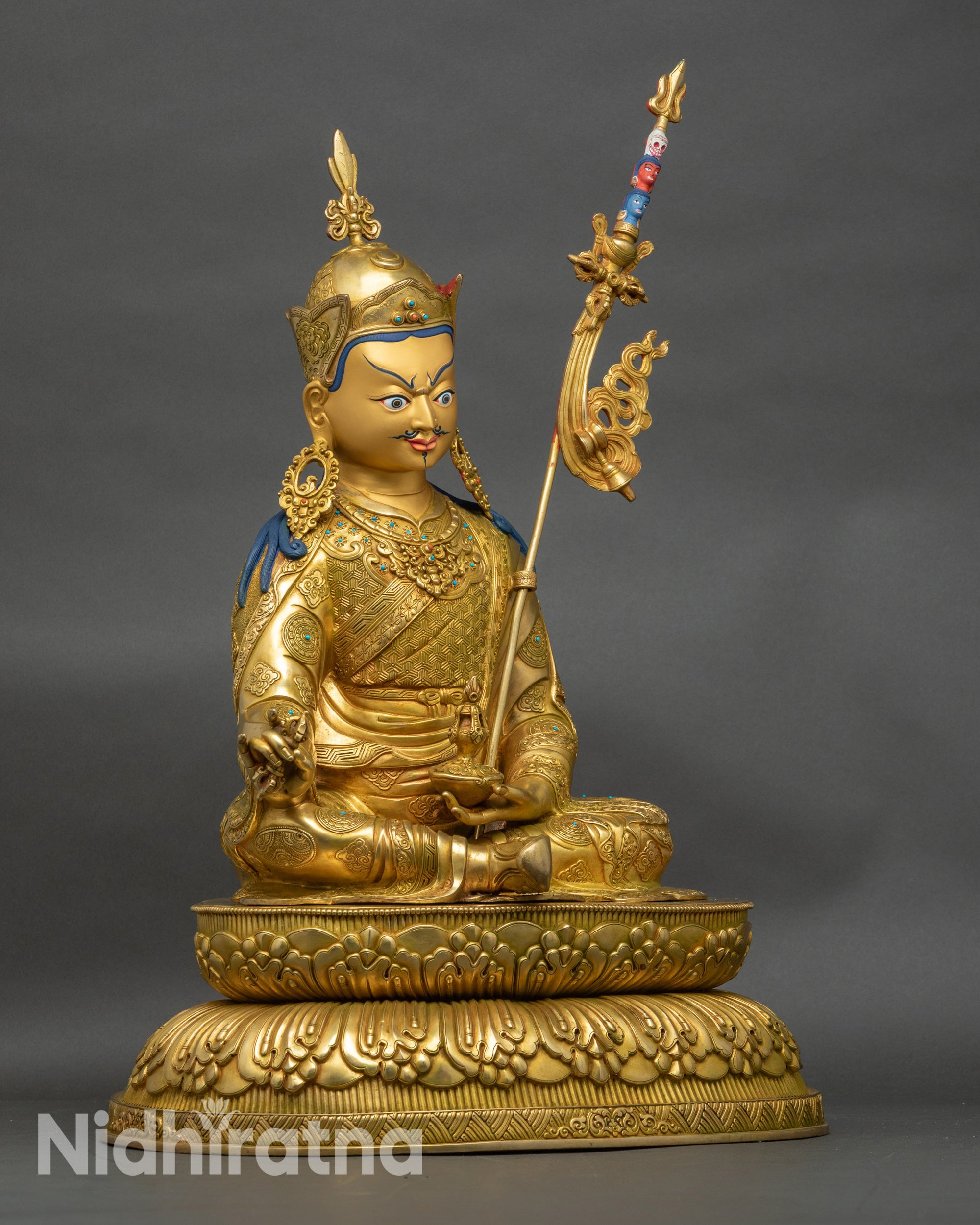 Right view side of Guru Rinpoche statue, intricate floral motifs and lotus seat