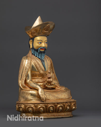 Right view side of Guru Shapdum statue on lotus seat with ritual vase and earth-touching mudra
