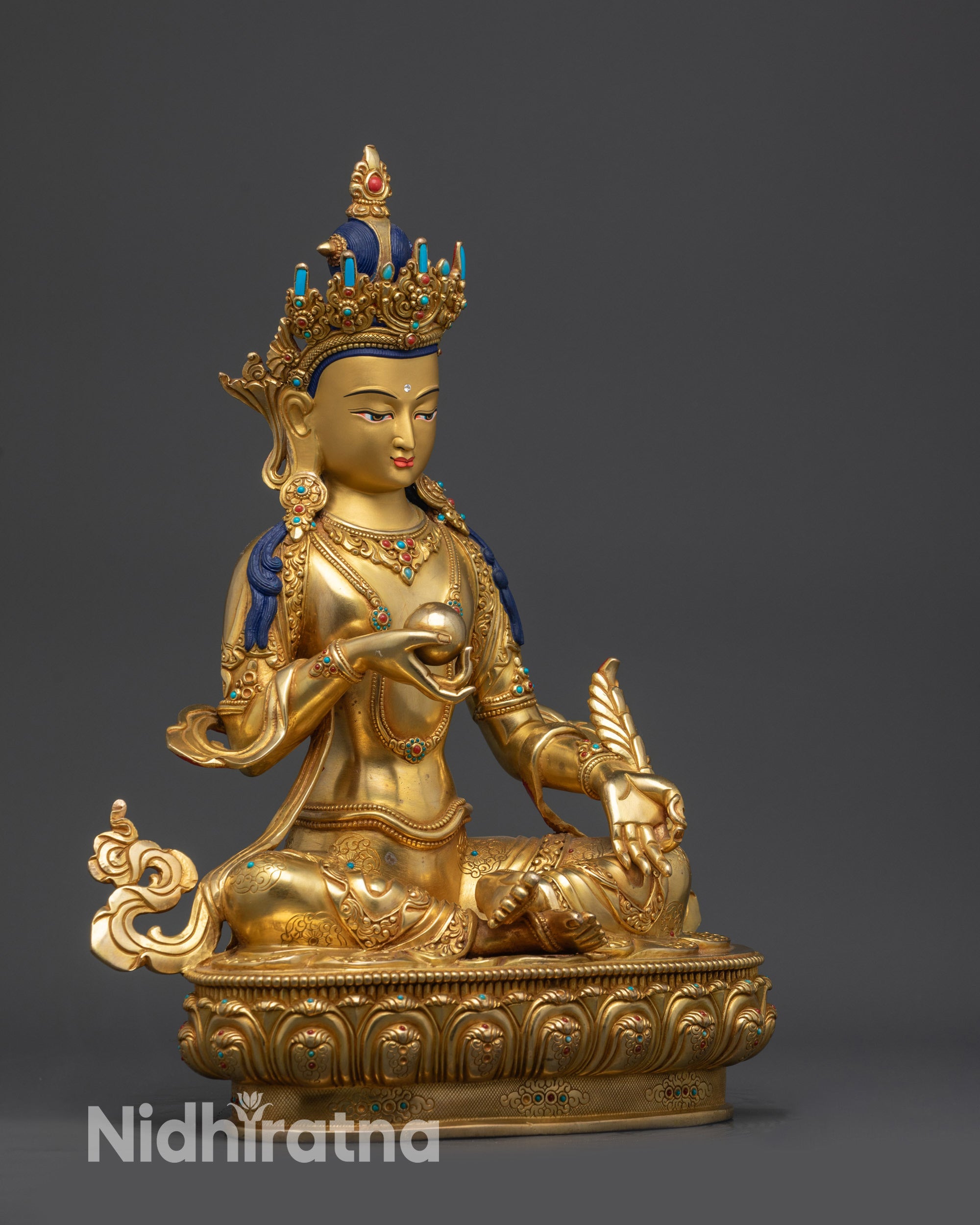 Right view side of Kshitigarbha Bodhisattva statue with lotus pedestal and jewelry
