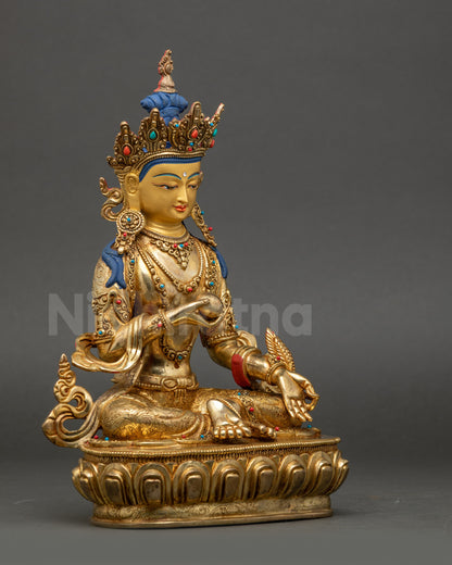 Right view side of Ksitigarbha statue handcrafted copper with intricate jewelry and robe