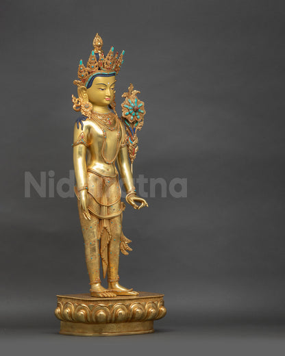 Right view side of Lotus-Bearer Padmapani standing sculpture with semi-precious adornments