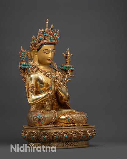 Right view side of Maitreya Buddha sculpture with gold fire-gilded copper alloy body