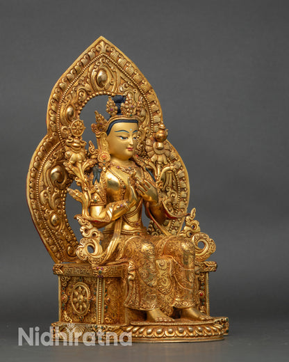 Right view side of Maitreya Buddha sculpture with lotus seat and dharmachakra mudra