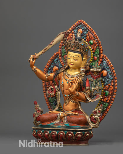Right view side of Manjushri statue with gold-plated lotus seat and ornate garments
