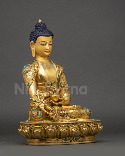 Right view side of Medicine Buddha statue holding myrobalan stem and nectar bowl