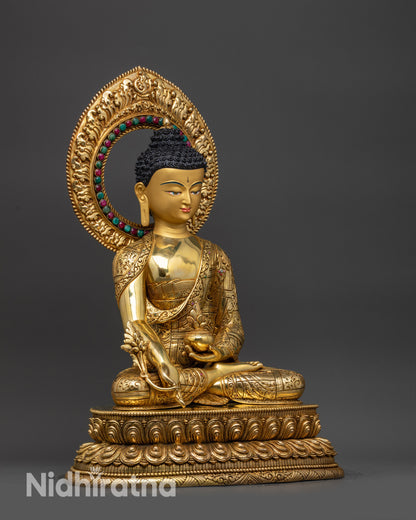 Right view side of Medicine Buddha statue with healing bowl and myrobalan stem
