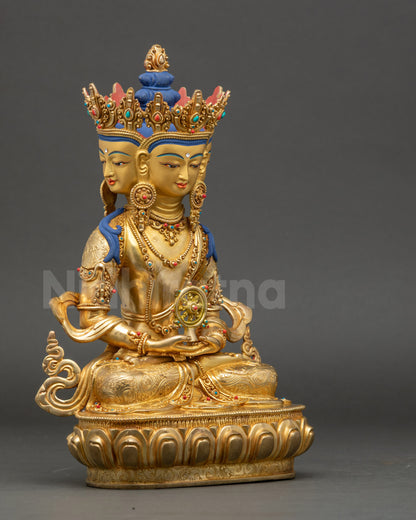Right view side of Nepalese Vairocana Buddha statue holding Dharma Wheel in Dhyana mudra