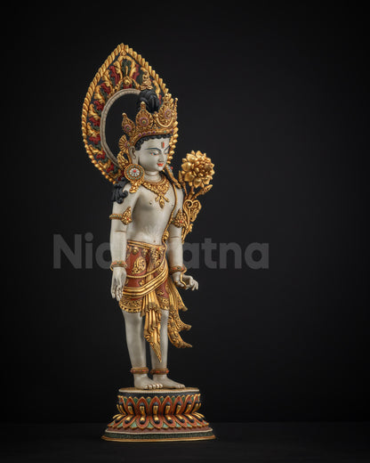 Right view side of Padmapani Lokeshvara statue holding flower beside shoulder