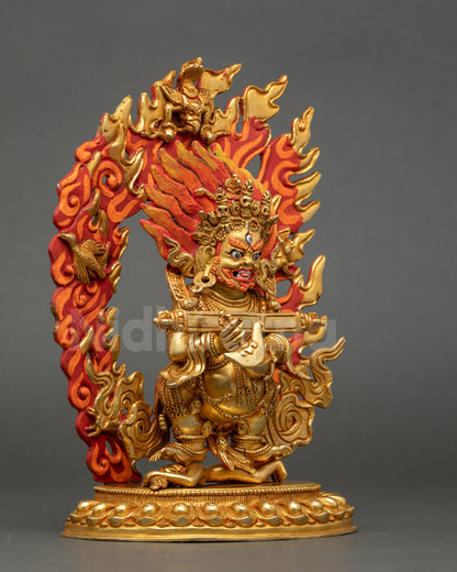 Right view side of Shakya Mahakala statue with miniature Garuda and halo details