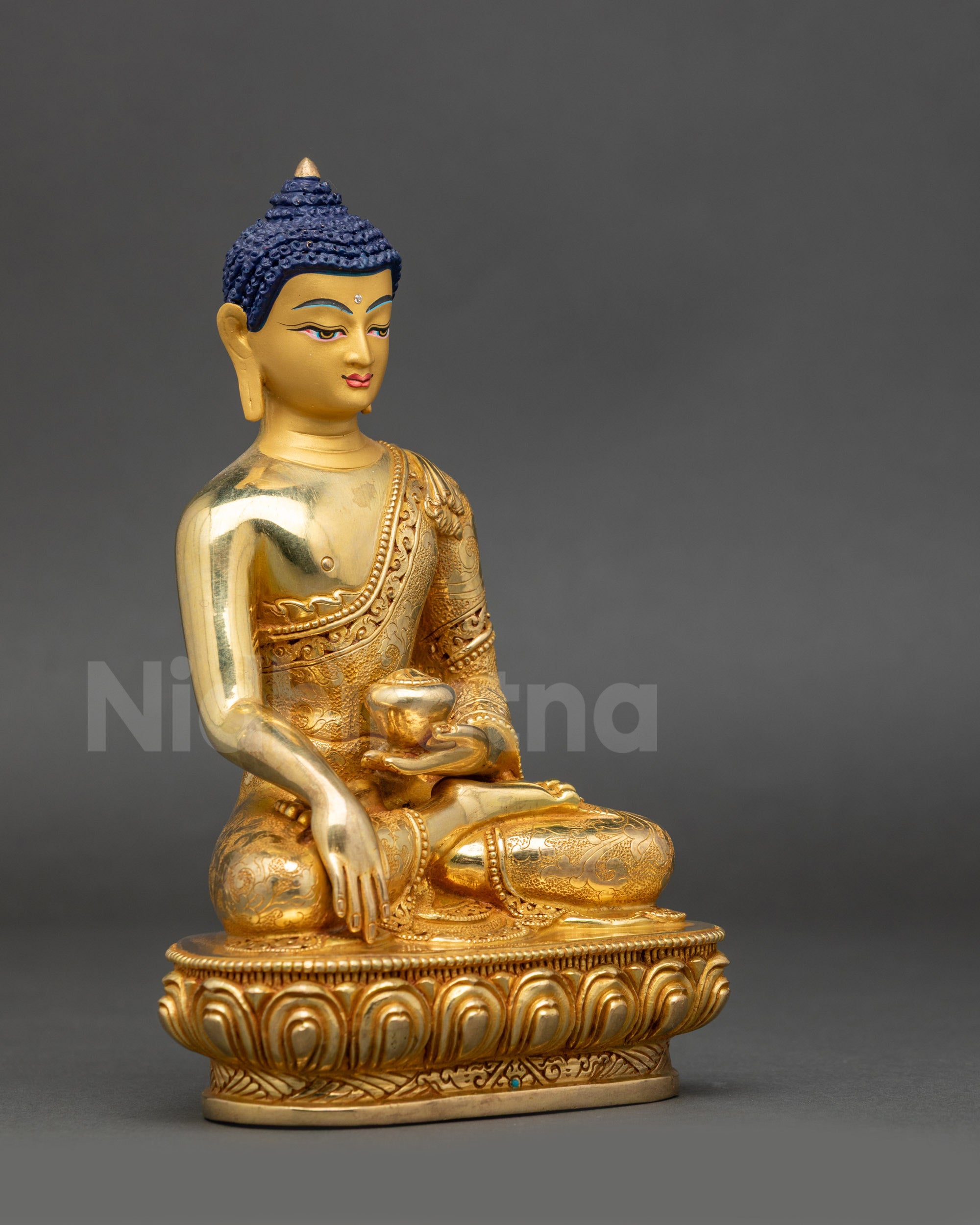 Right view side of Shakyamuni Buddha Sculpture on lotus seat with patra bowl

