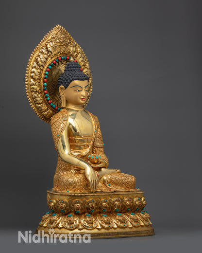 Right view side of Shakyamuni Buddha statue showing bhūmisparśa mudra and ornaments
