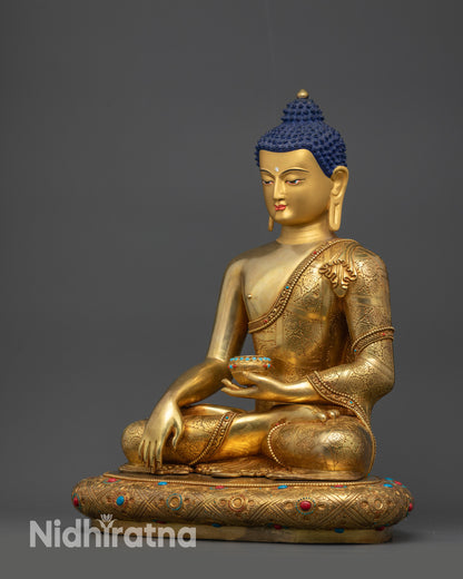 Right view side of Shakyamuni Buddha statue with semi-precious stone-adorned base
