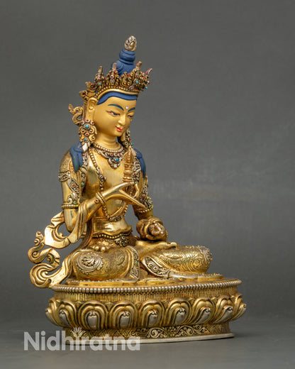 Right view side of Vajrasattva statue highlighting gold fire-gilded layers and lotus seat