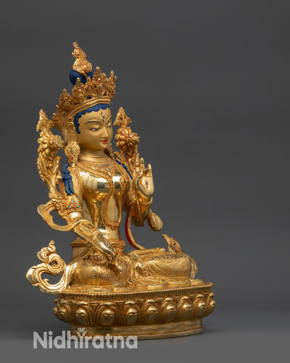 Right view side of White Tara statue with semi-precious stones, longevity focus