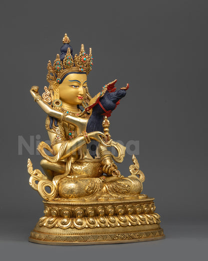 Right view side of handcrafted Vajrasattva Yab-Yum sculpture on double-layered lotus seat
