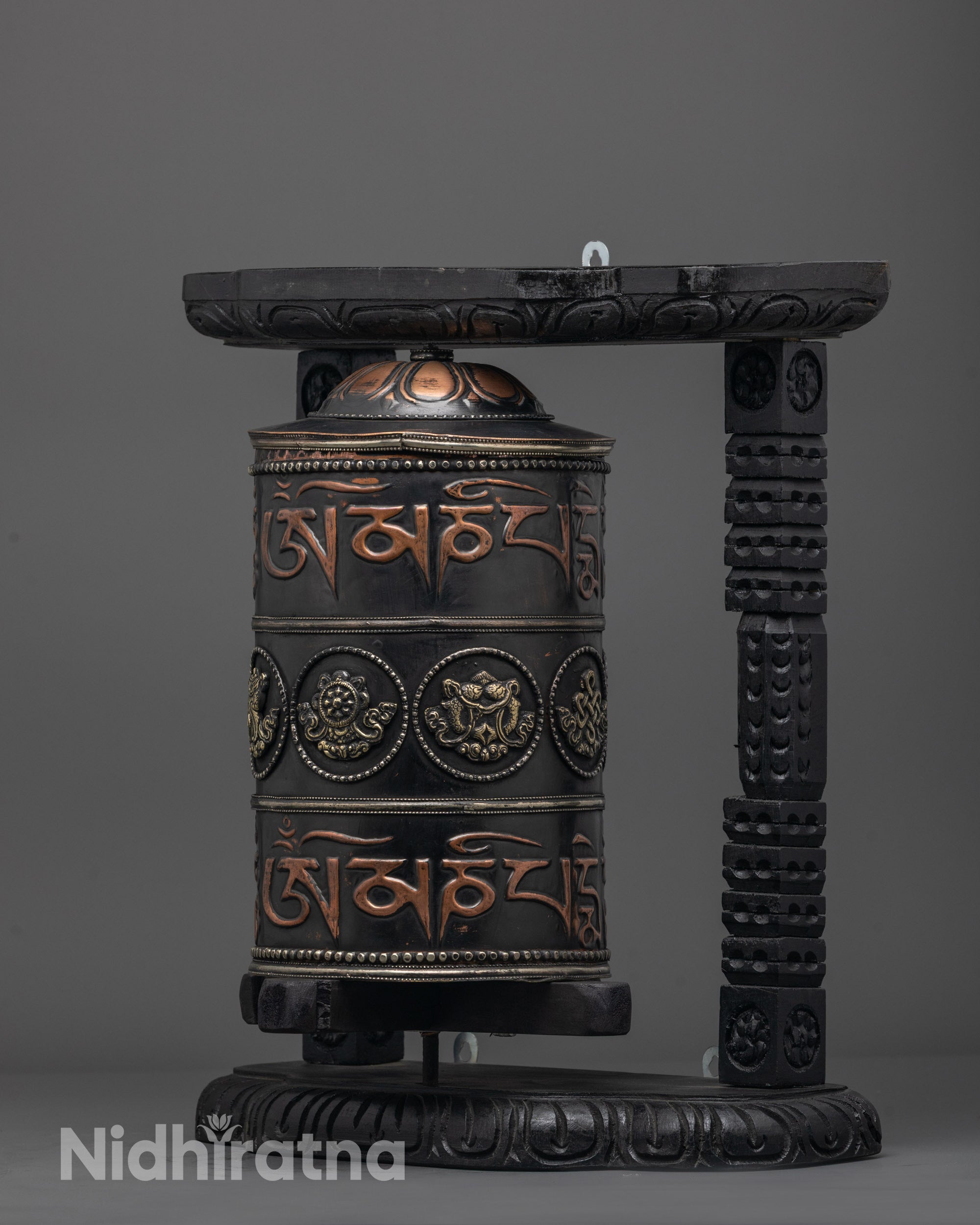 Intricately Carved Ashtamangala Prayer Wheel | Spiritual Spinner