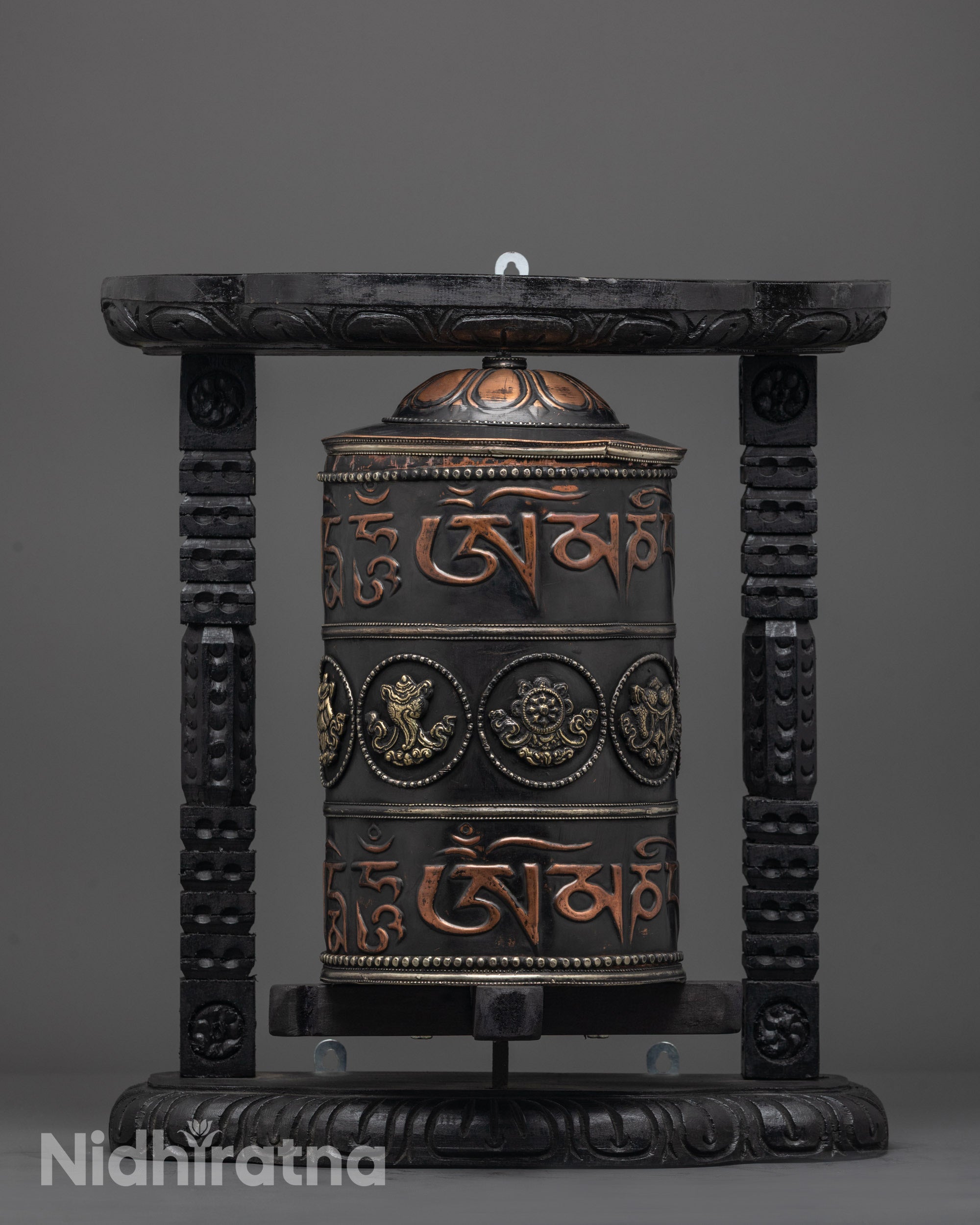 Intricately Carved Ashtamangala Prayer Wheel | Spiritual Spinner
