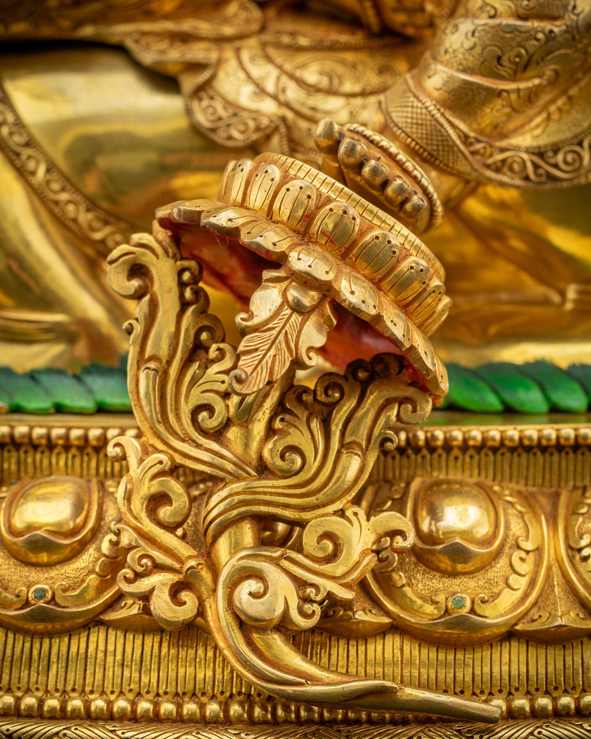 Royal ease pose of Simhada Manjushri placing one foot on lotus in gold fire-gilded copper