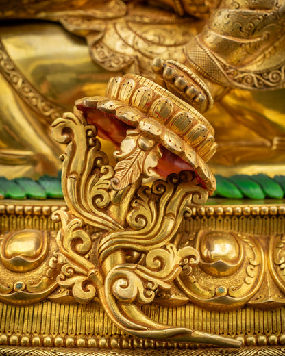 Royal ease pose of Simhada Manjushri placing one foot on lotus in gold fire-gilded copper