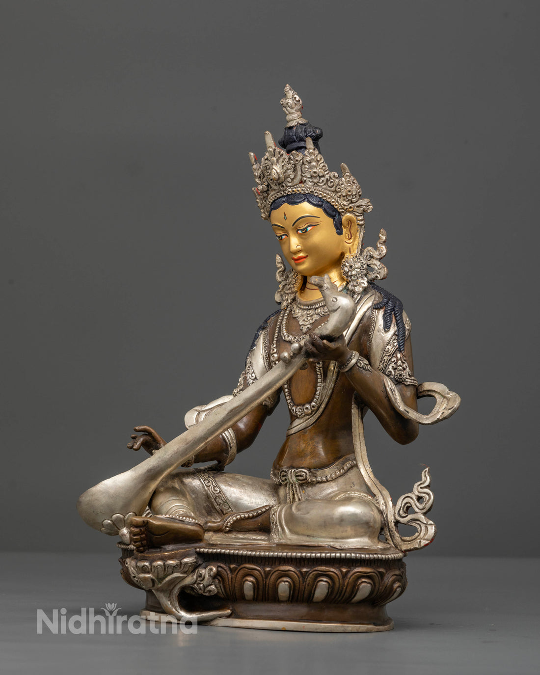 Elegant Oxidized Saraswati Statue: Crafted for Wisdom And Artistic Flourishing