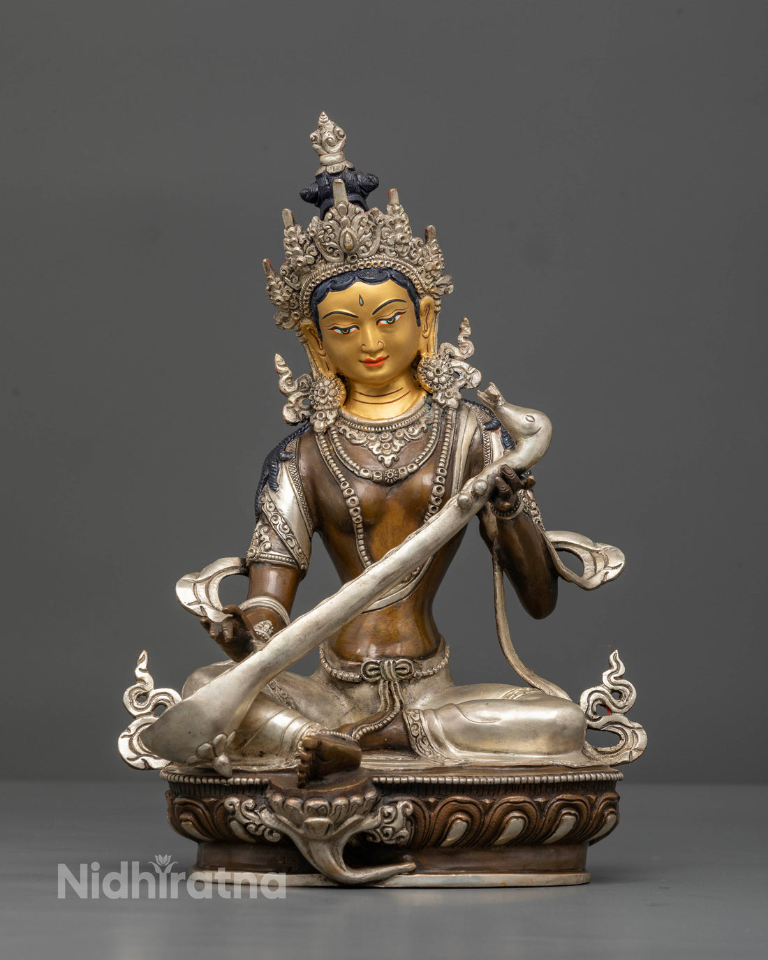 Elegant Oxidized Saraswati Statue: Crafted for Wisdom And Artistic Flourishing