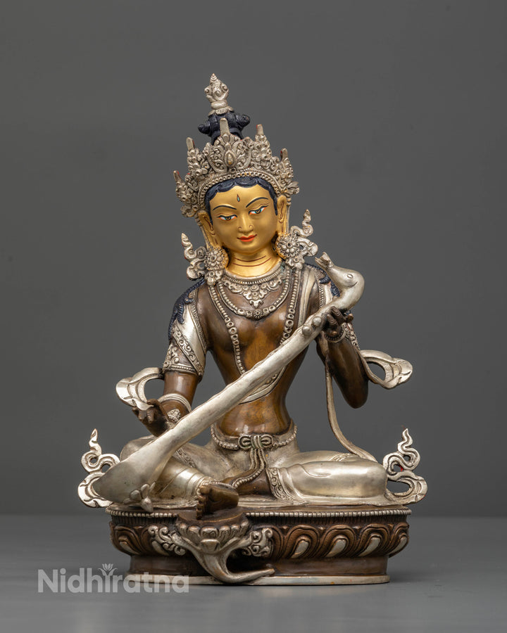 Elegant Oxidized Saraswati Statue: Crafted for Wisdom And Artistic Flourishing