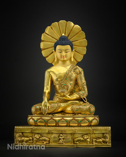 A gold statue of a seated Buddha on a pedestal| Buddha Statue | Shakyamuni Buddha Statue | Buddha Gold Tall Statue |Siddhartha Gautama Buddha Statue | Sakyamuni Buddha Statue
