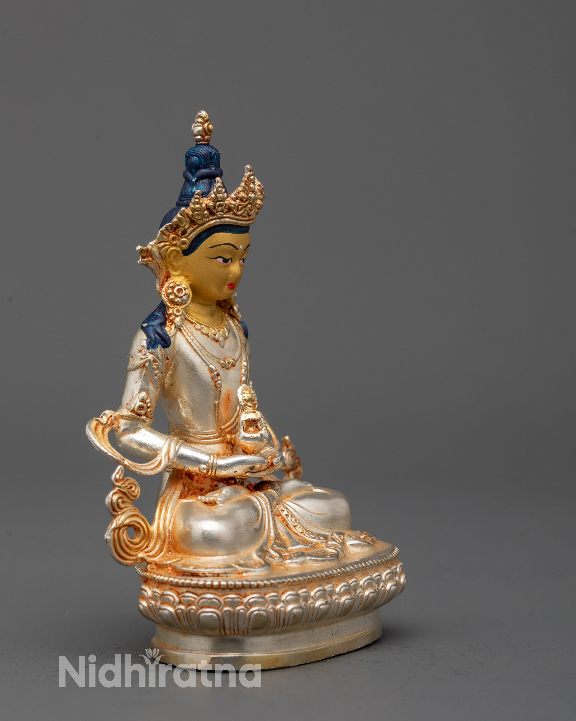 Sacred Amitayus Statue holding kalash of immortality with 24k silver plating 