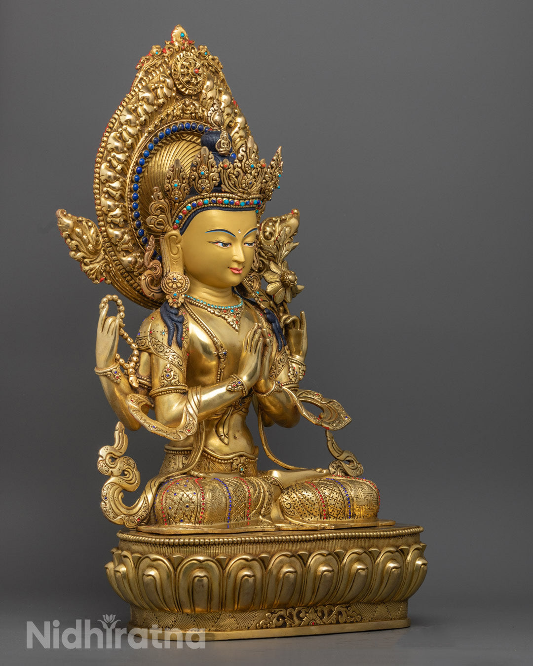 Sacred Chenrezig Buddha Statue – Hand-Carved Copper with Gold Gilding for Healing