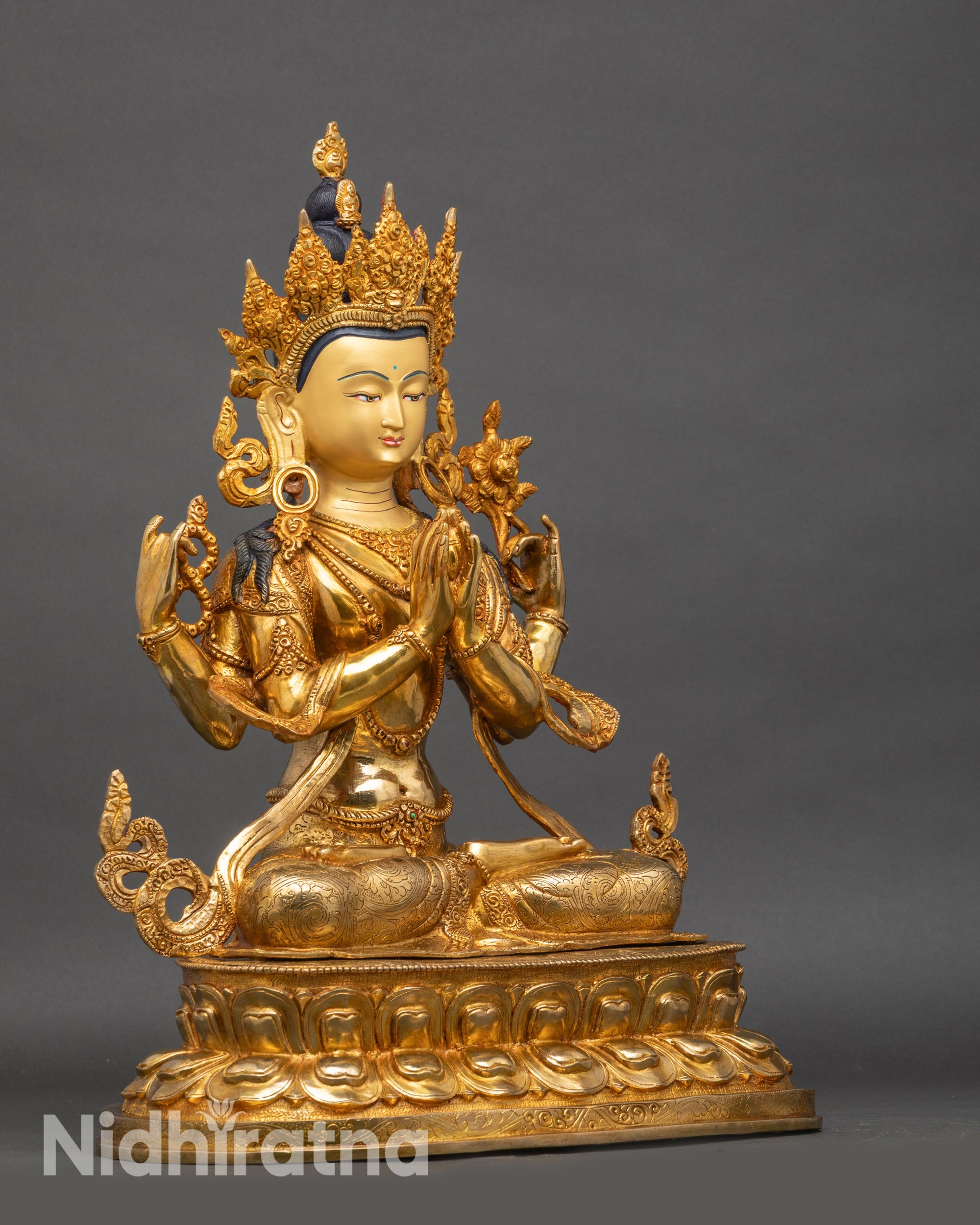Sacred Chenrezig statue seated on double lotus, handcrafted copper Avalokiteshvara Buddhist statue from Patan Nepal
