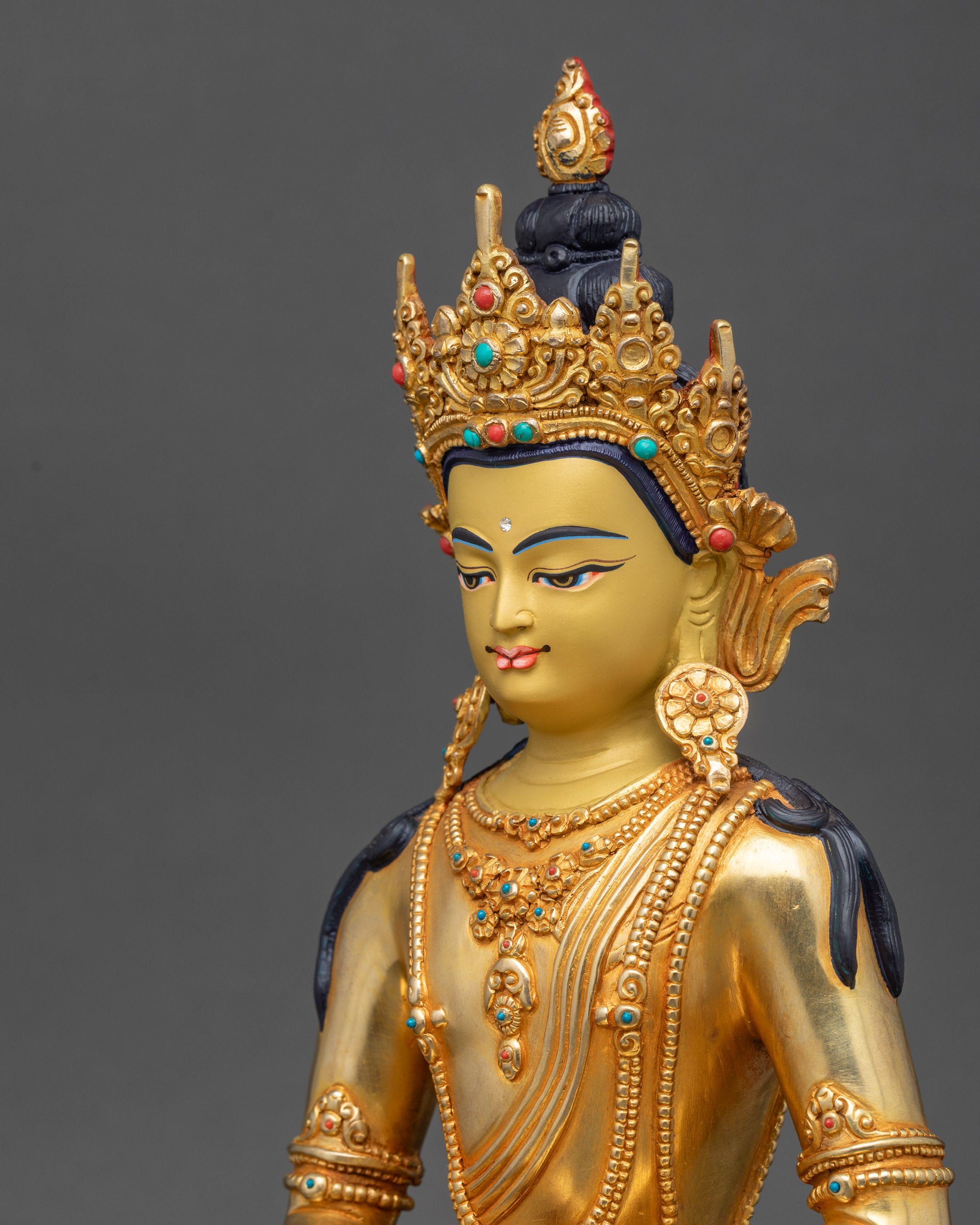 Sacred Crowned Amitabha Buddha statue, gold-gilded and handmade in Patan Nepal. A devotional Himalayan figure for meditation space, compassion, and rebirth blessings.