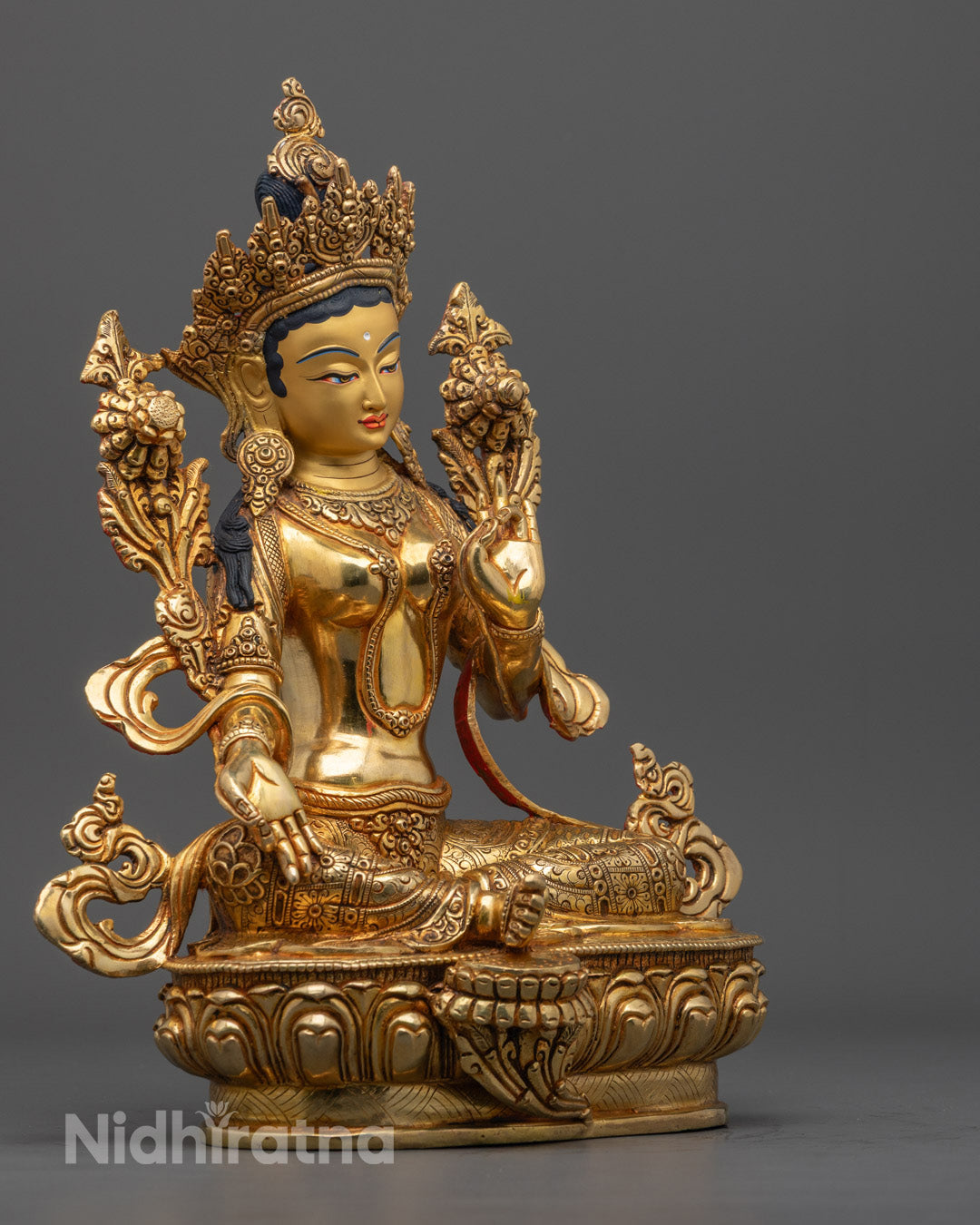 Sacred Green Tara Statue | 24k Gold-Plated &amp; Hand-Carved from Nepal