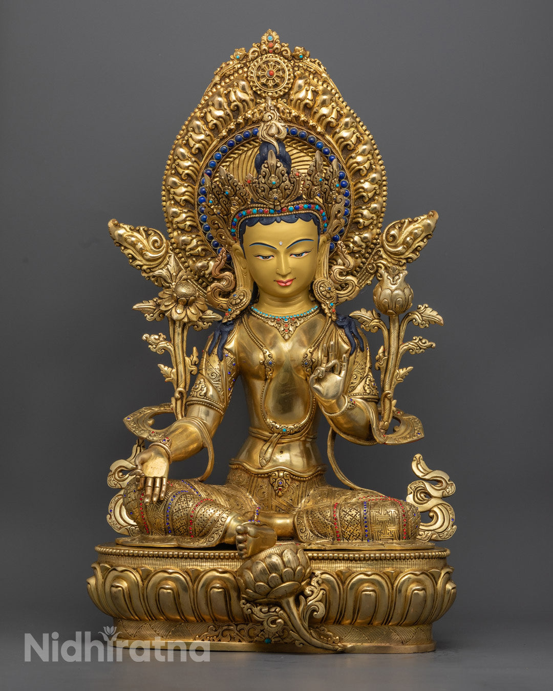 Sacred Green Tara Statue | Gold Gilded Buddhist Deity