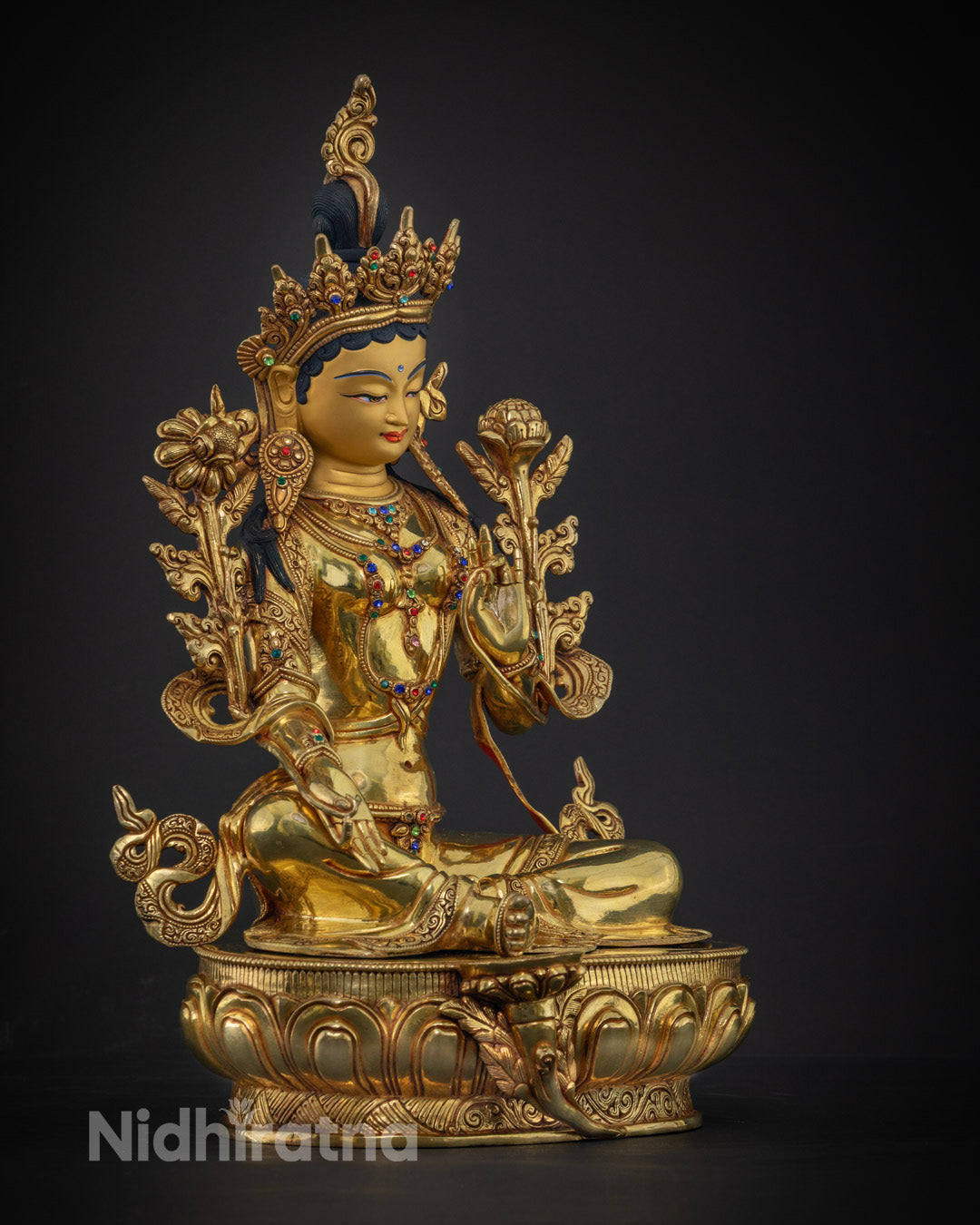 Sacred Green Tara Statue | Hand-Carved 24K Gold and Copper, Nepal Craftsmanship