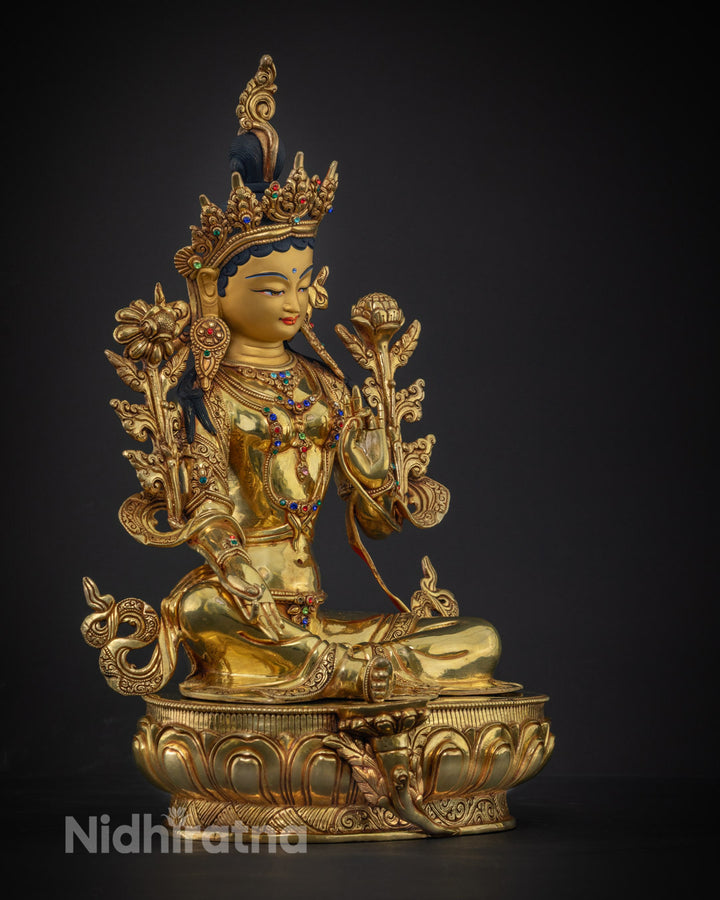 Sacred Green Tara Statue | Hand-Carved 24K Gold and Copper, Nepal Craftsmanship