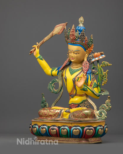 Sacred Manjushri statue placed on meditation altar with mala beads, incense, and candlelight, invoking wisdom and clarity