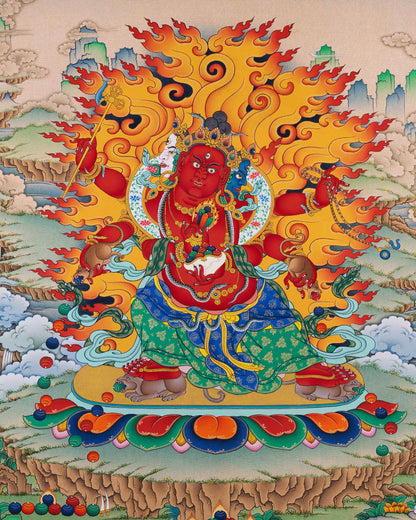 Sacred Red Jambhala standing on a lotus throne above two lions, radiating wealth