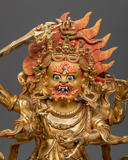 Sacred Tibetan Buddhist deity Mahakala with four hands symbolizing protection and obstacle removal